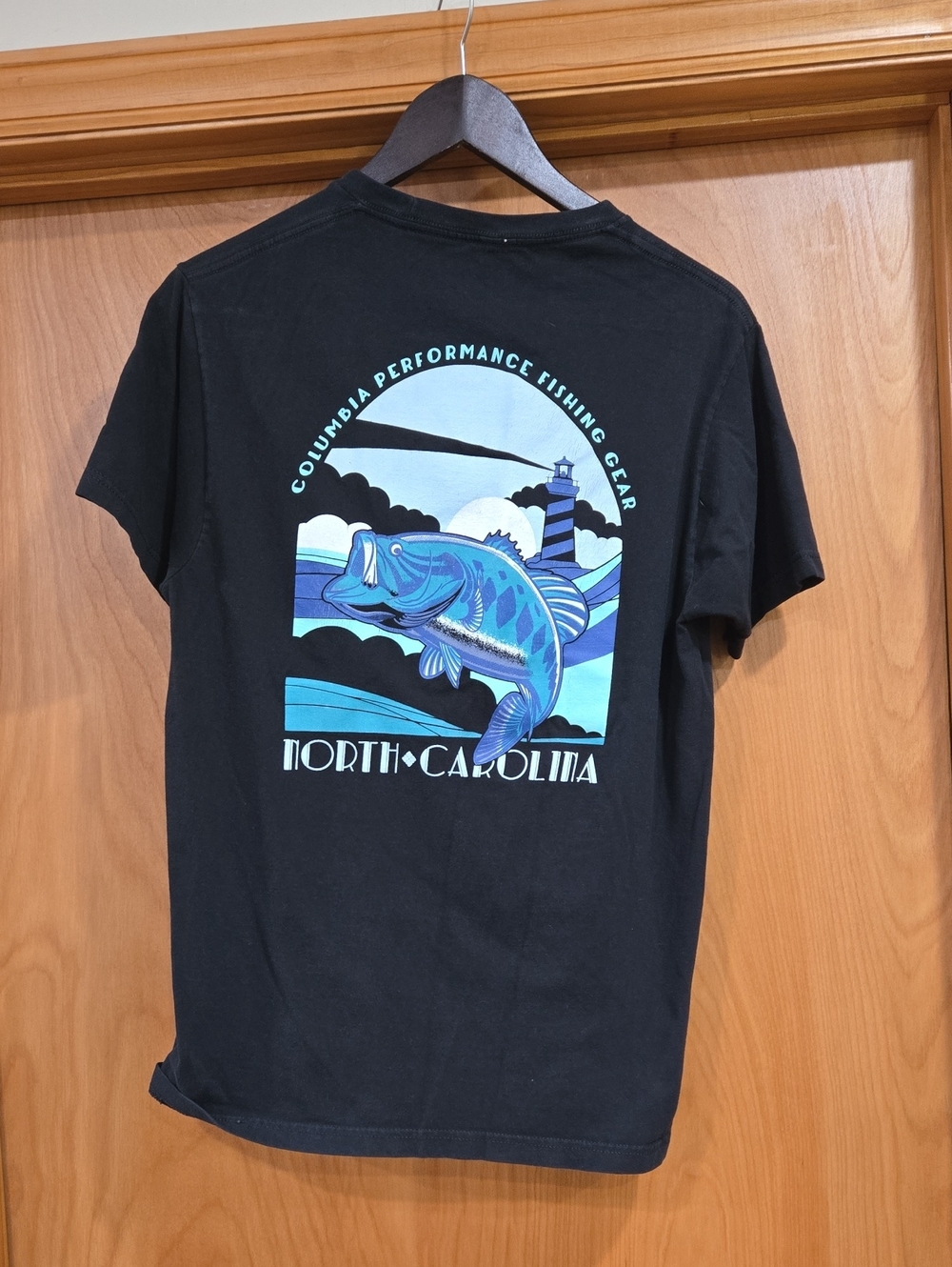 Columbia Black Tee with Blue Fishing Graphic